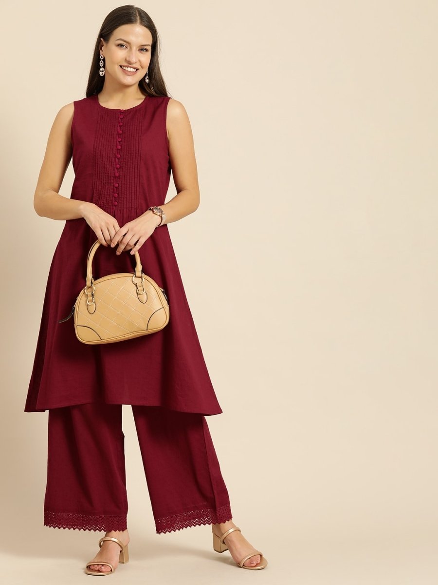 All About You Women Maroon Self Design Pure Cotton A-Line Kurta with Palazzos - Distacart