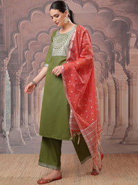 Thumbnail for Vishudh Green Ethnic Motifs Printed Kurta with Palazzo & Dupatta