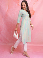 Thumbnail for Vishudh Blue Striped V-Neck Three-Quarter Sleeves Empire Kurta - Distacart