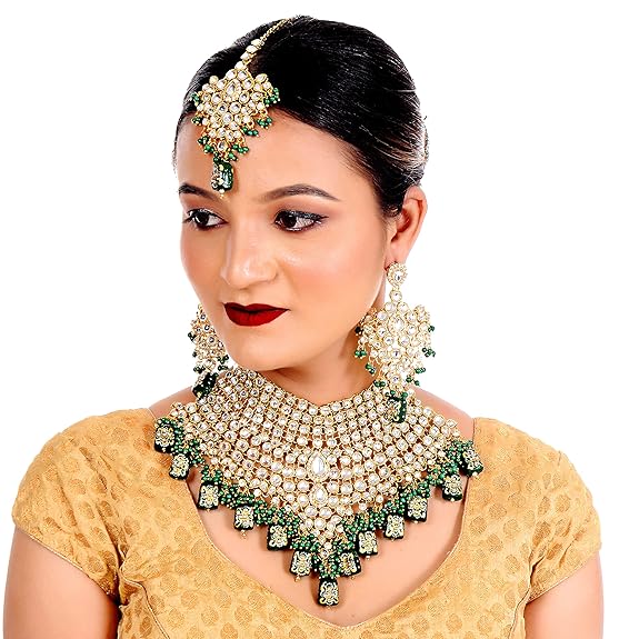 Tehzeeb Creations Traditional Gold-Polished Designer Blue Color Dulhan Choker Kundan Bridal Set - Distacart