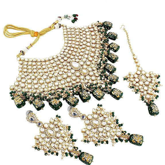 Tehzeeb Creations Traditional Gold-Polished Designer Blue Color Dulhan Choker Kundan Bridal Set - Distacart