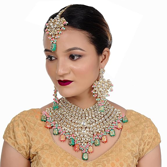 Tehzeeb Creations Traditional Gold-Polished Designer Blue Color Dulhan Choker Kundan Bridal Set - Distacart