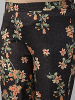 Thumbnail for Sztori Plus Size Black Floral Printed Round Neck Straight Kurta with Trousers - Distacart