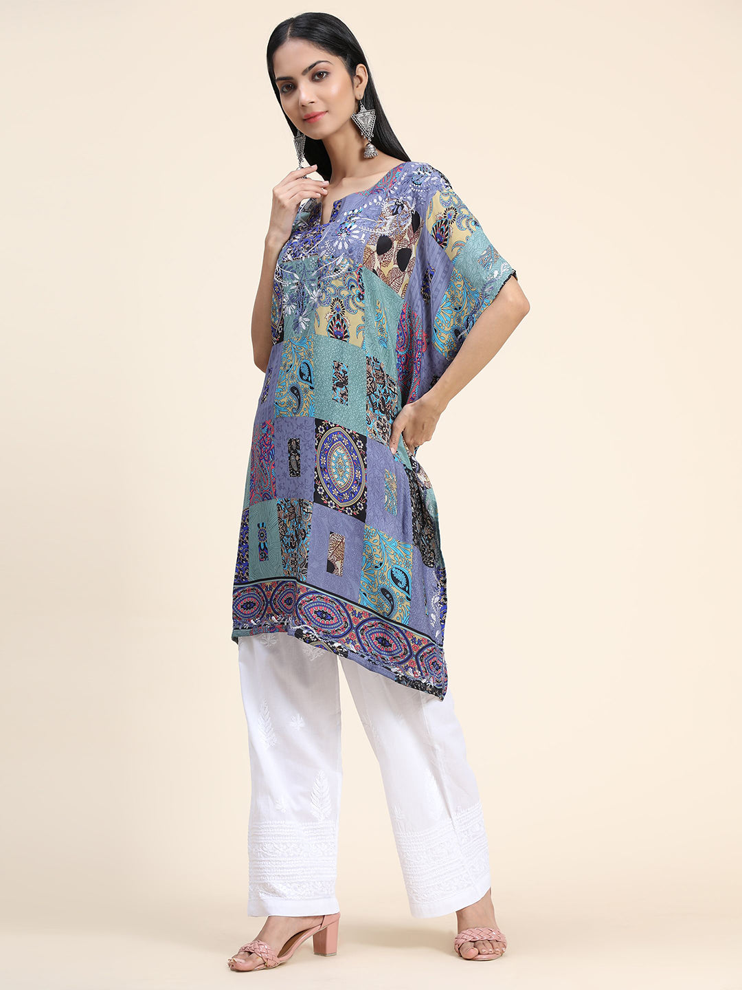 HOUSE OF KARI Ethnic Motifs Printed Notched Neck Chikankari Embroidery Cotton Kaftan Kurta - Distacart