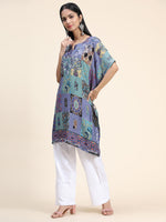 Thumbnail for HOUSE OF KARI Ethnic Motifs Printed Notched Neck Chikankari Embroidery Cotton Kaftan Kurta - Distacart