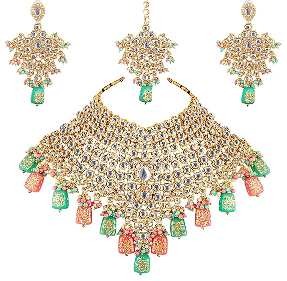 Tehzeeb Creations Traditional Gold-Polished Designer Blue Color Dulhan Choker Kundan Bridal Set - Distacart