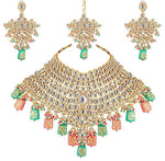 Thumbnail for Tehzeeb Creations Traditional Gold-Polished Designer Blue Color Dulhan Choker Kundan Bridal Set - Distacart