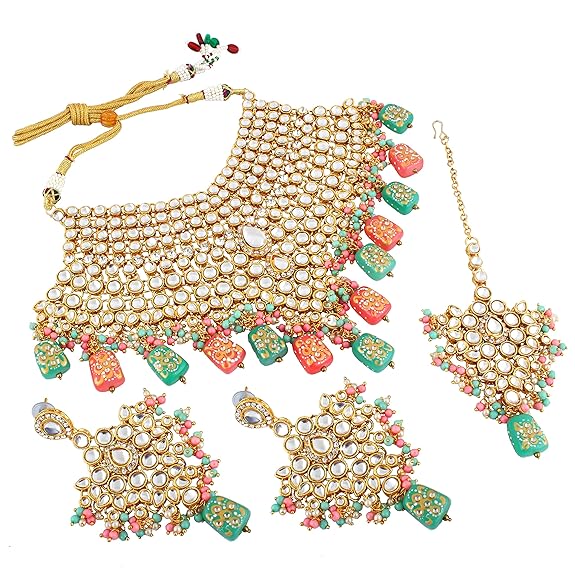 Tehzeeb Creations Traditional Gold-Polished Designer Blue Color Dulhan Choker Kundan Bridal Set - Distacart