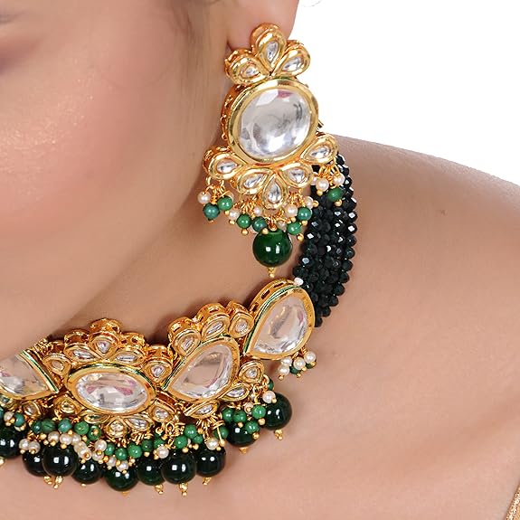 Tehzeeb Creations Back Meenakari Gold-Polished Tika Earring Jewellery Set Uncut Kundan Big Faux Kundan Dibbi Kundan Choker Necklace Set - Distacart