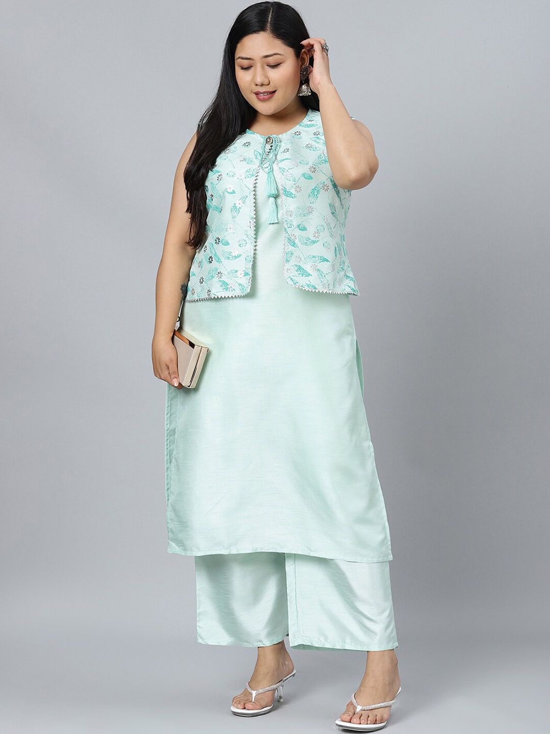 Sztori Plus Size Round Neck Sleeveless Art Silk Kurta With Palazzo & Jacket - Distacart