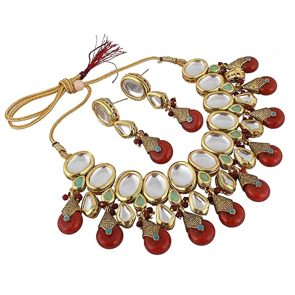Tehzeeb Creations Back Meenakari Gold-Polished Tika Earring Jewellery Set Uncut Kundan Big Faux Kundan Dibbi Kundan Choker Necklace Set - Distacart
