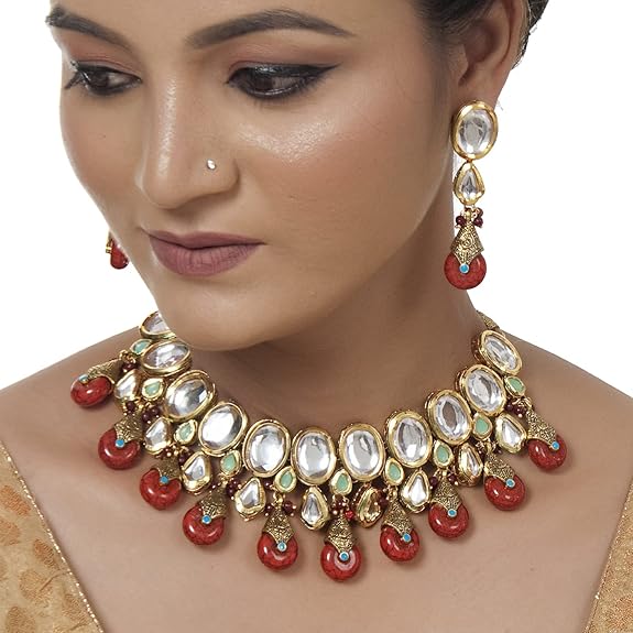 Tehzeeb Creations Back Meenakari Gold-Polished Tika Earring Jewellery Set Uncut Kundan Big Faux Kundan Dibbi Kundan Choker Necklace Set - Distacart