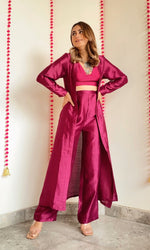 Thumbnail for trueBrowns Purple Textured Silk Overlay Jacket Blouse Pant Set - Distacart