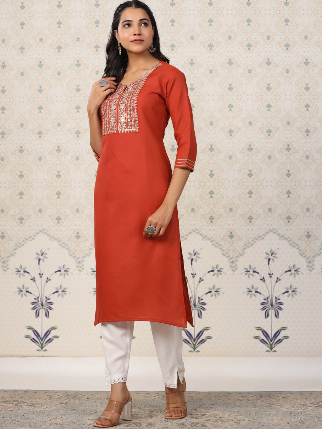 Ode by House of Pataudi Ethnic Motifs Embroidered Straight Kurta - Distacart