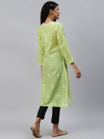 Thumbnail for ADA Women Green & White Ethnic Motifs Chikankari Hand Embroidered Sustainable Kurta - Distacart