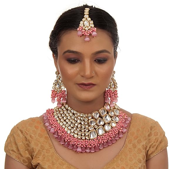 Tehzeeb Creations Meenakari Gold-Polished Pink color Uncut dibbi Kundan Combo Necklace Set - Distacart