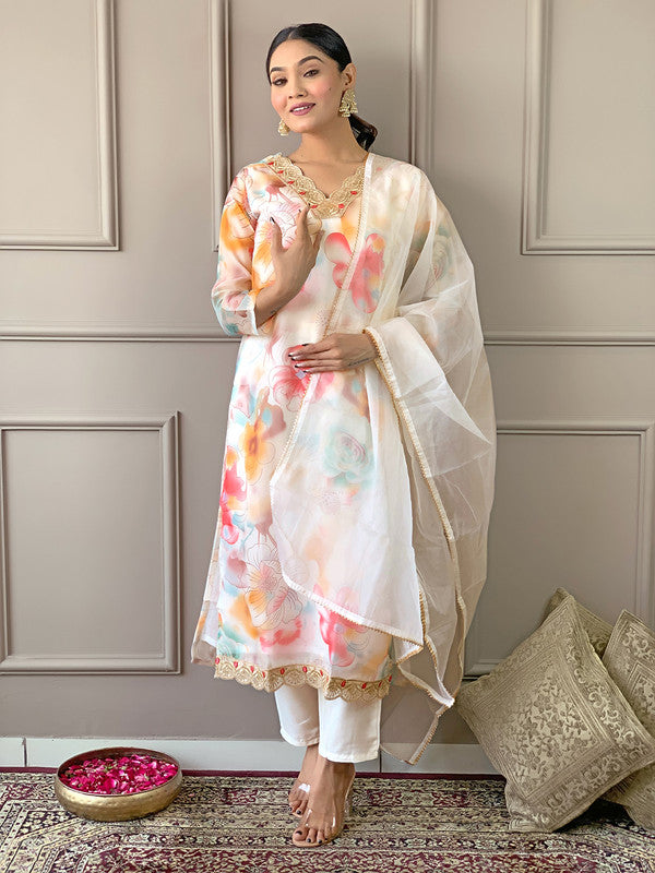 Malishka Women's Cream Organza With Cotton Lining Printed Kurta Set With Dupatta