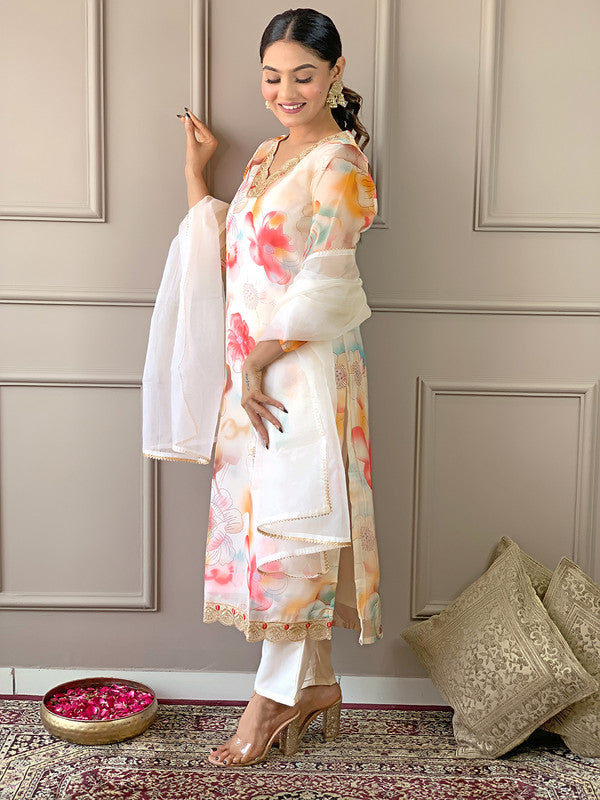 Malishka Women's Cream Organza With Cotton Lining Printed Kurta Set With Dupatta