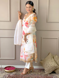Thumbnail for Malishka Women's Cream Organza With Cotton Lining Printed Kurta Set With Dupatta