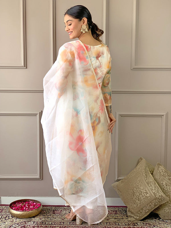 Malishka Women's Cream Organza With Cotton Lining Printed Kurta Set With Dupatta