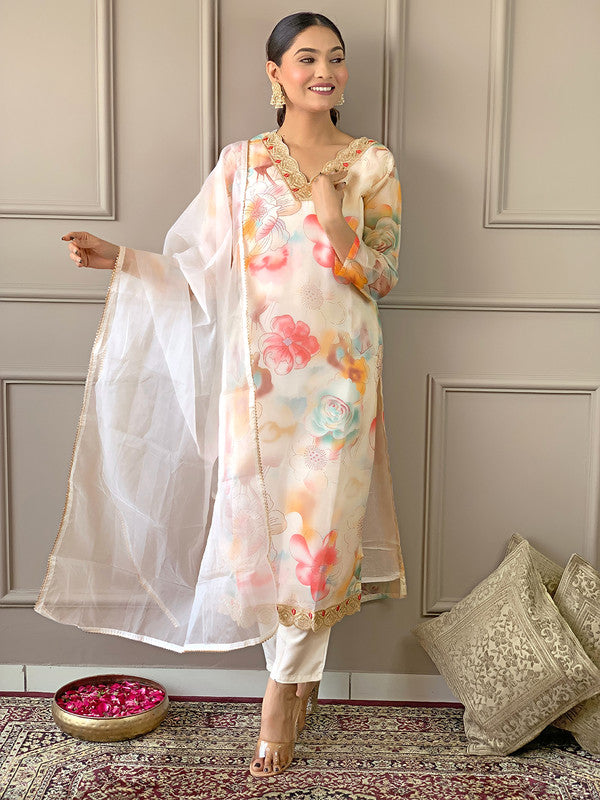 Malishka Women's Cream Organza With Cotton Lining Printed Kurta Set With Dupatta