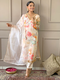 Thumbnail for Malishka Women's Cream Organza With Cotton Lining Printed Kurta Set With Dupatta