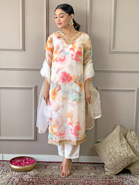 Thumbnail for Malishka Women's Cream Organza With Cotton Lining Printed Kurta Set With Dupatta