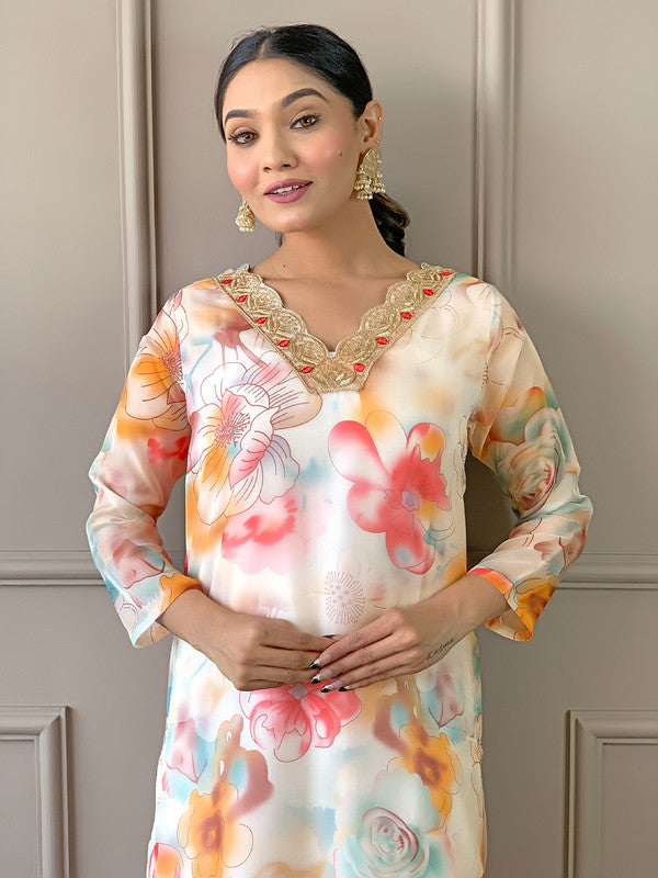 Malishka Women's Cream Organza With Cotton Lining Printed Kurta Set With Dupatta