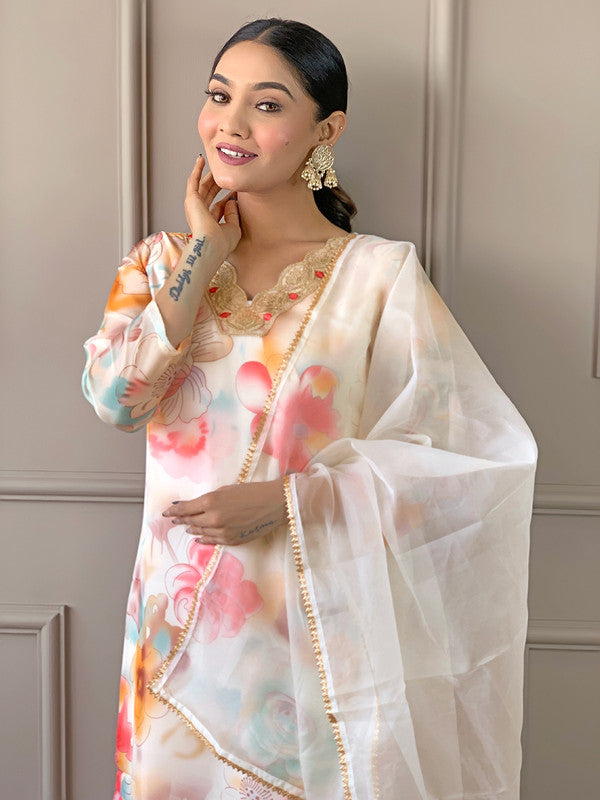 Malishka Women's Cream Organza With Cotton Lining Printed Kurta Set With Dupatta