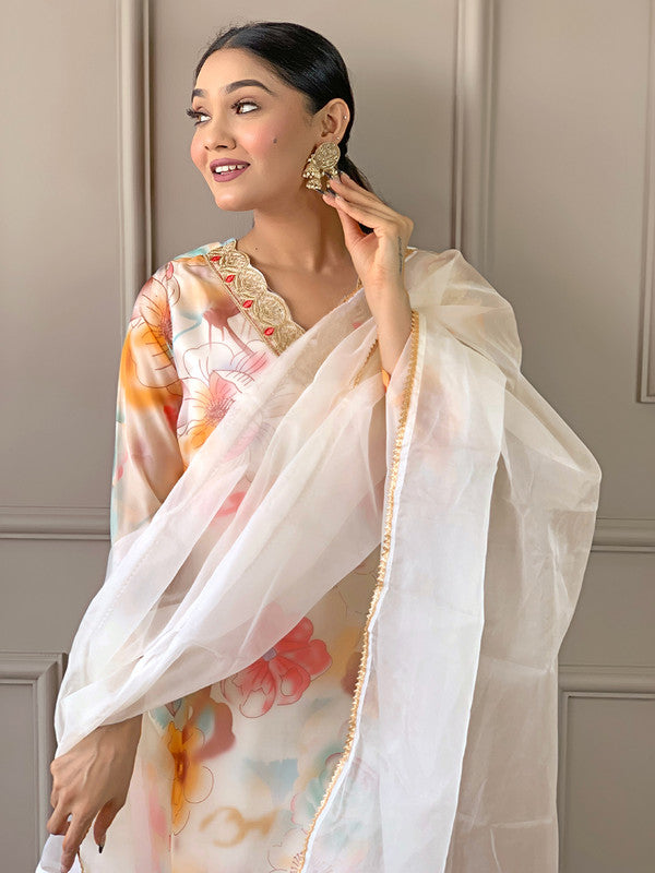 Malishka Women's Cream Organza With Cotton Lining Printed Kurta Set With Dupatta