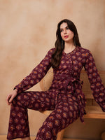 Thumbnail for InWeave Burgundy Floral Boota Co Ord Set With Belt - Distacart