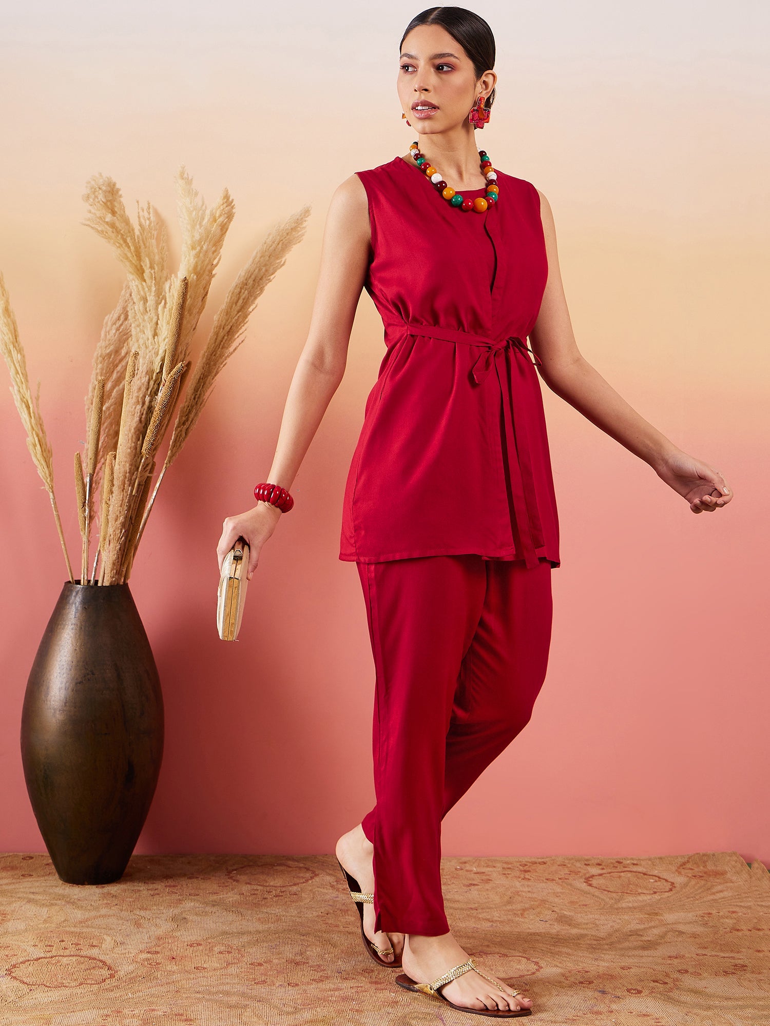 InWeave Maroon 3 Piece Co Ord Set With Belt - Distacart