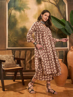 Thumbnail for InWeave Light Brown Off White V Neck Flared Kurta Set - Distacart