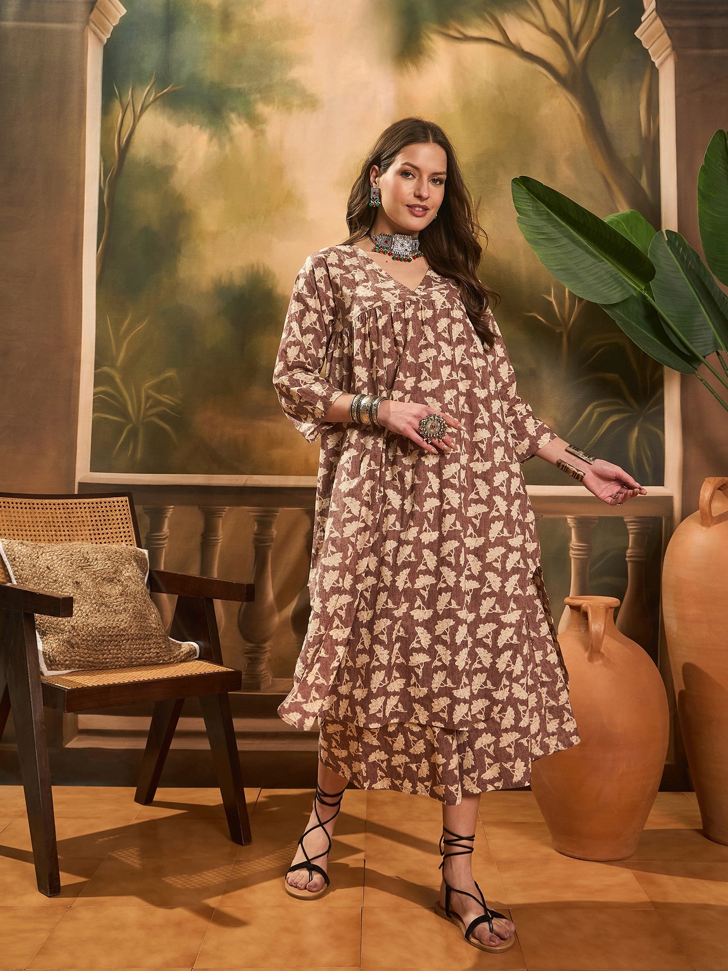 InWeave Light Brown Off White V Neck Flared Kurta Set - Distacart
