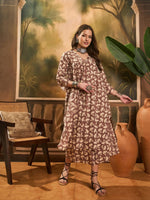 Thumbnail for InWeave Light Brown Off White V Neck Flared Kurta Set - Distacart