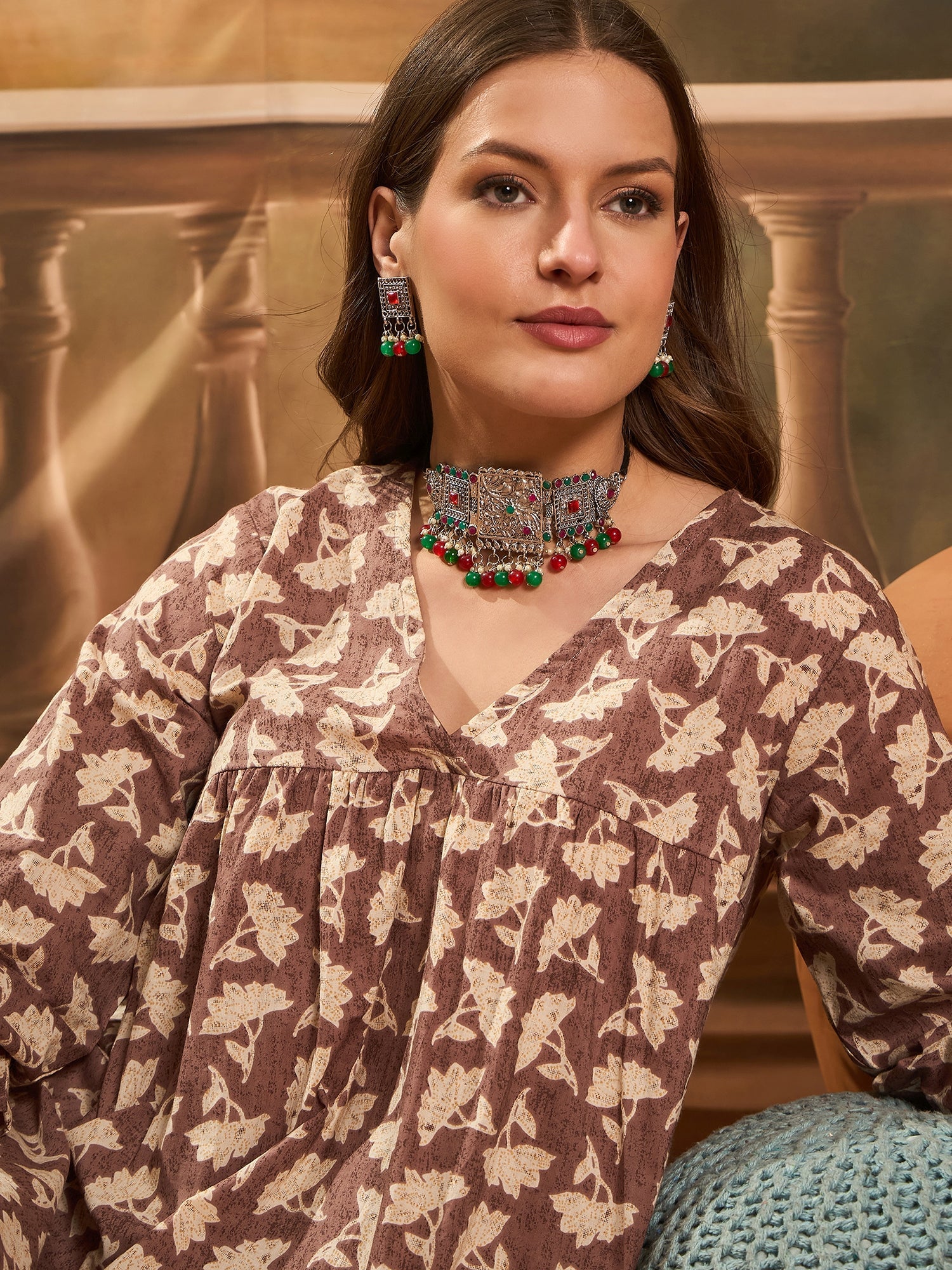 InWeave Light Brown Off White V Neck Flared Kurta Set - Distacart