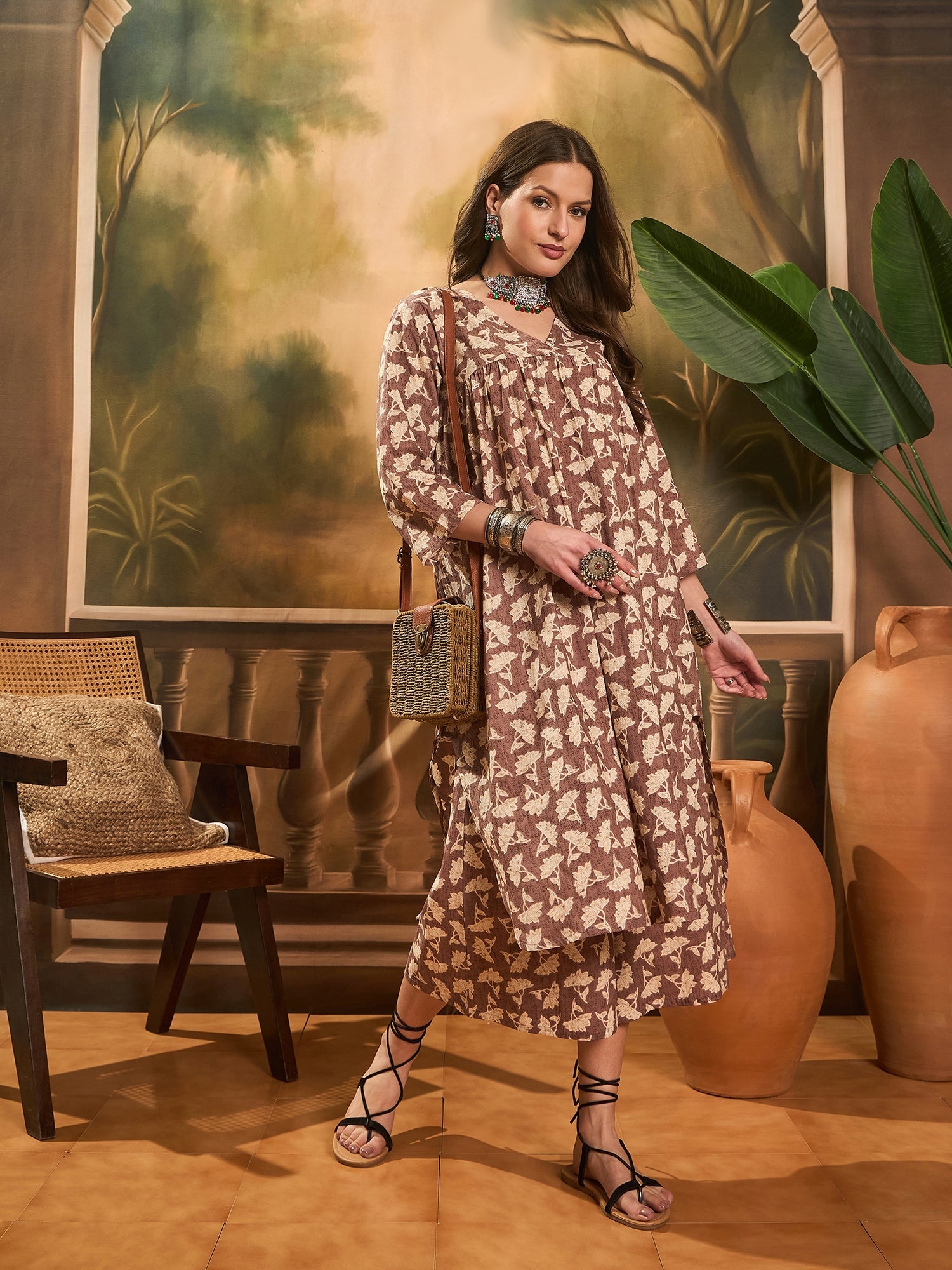 InWeave Light Brown Off White V Neck Flared Kurta Set - Distacart