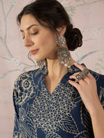 Thumbnail for InWeave Peacock Teal Rose Leaf Mandarin Kurta Set - Distacart