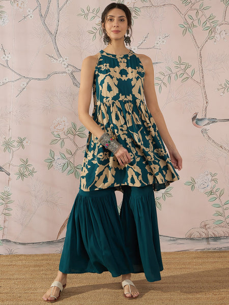 InWeave Teal Beige Halter Kurta Sharara Set - Distacart