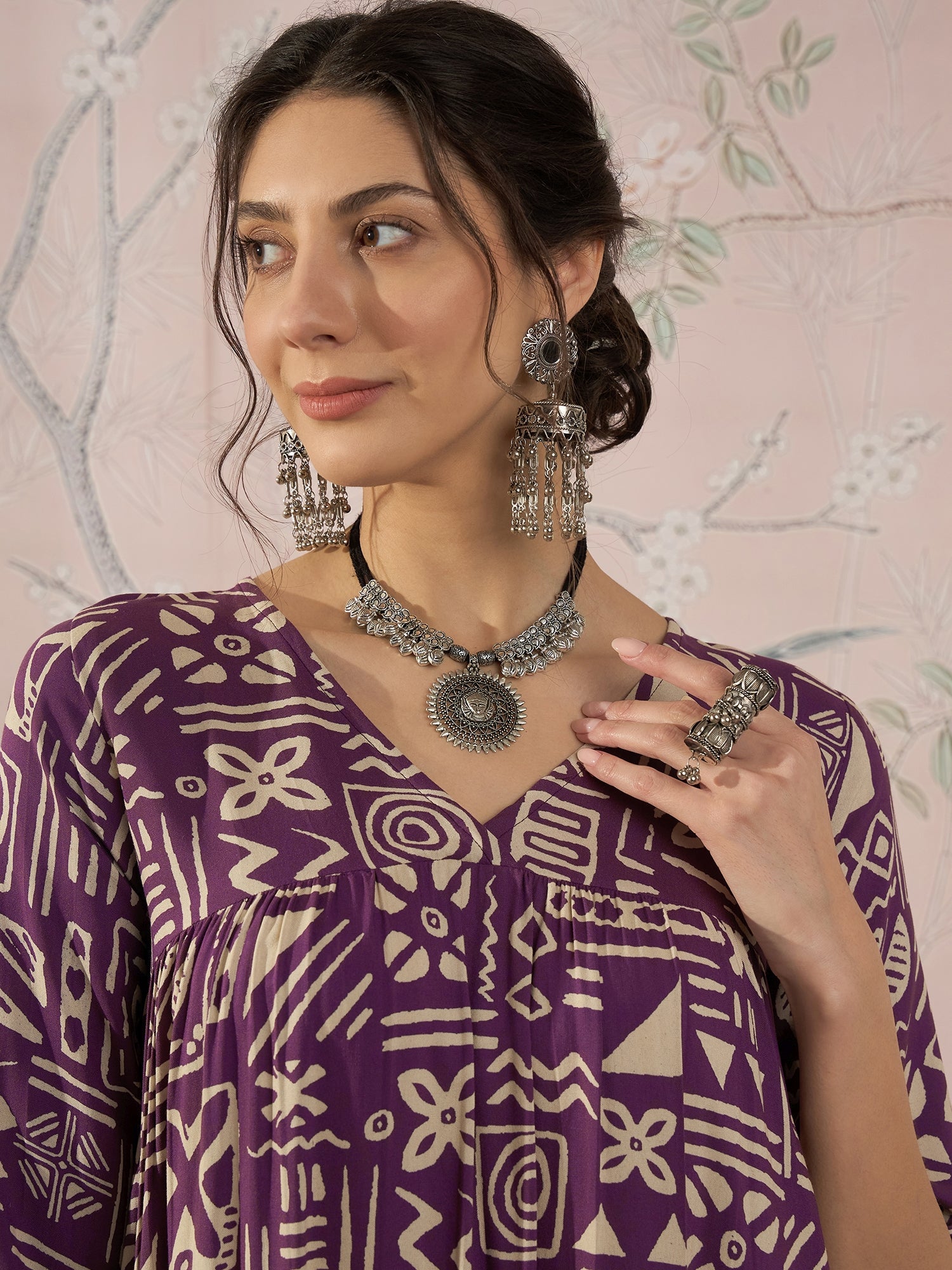 InWeave Dusty Mauve Ethnic Flared Kurta Set - Distacart