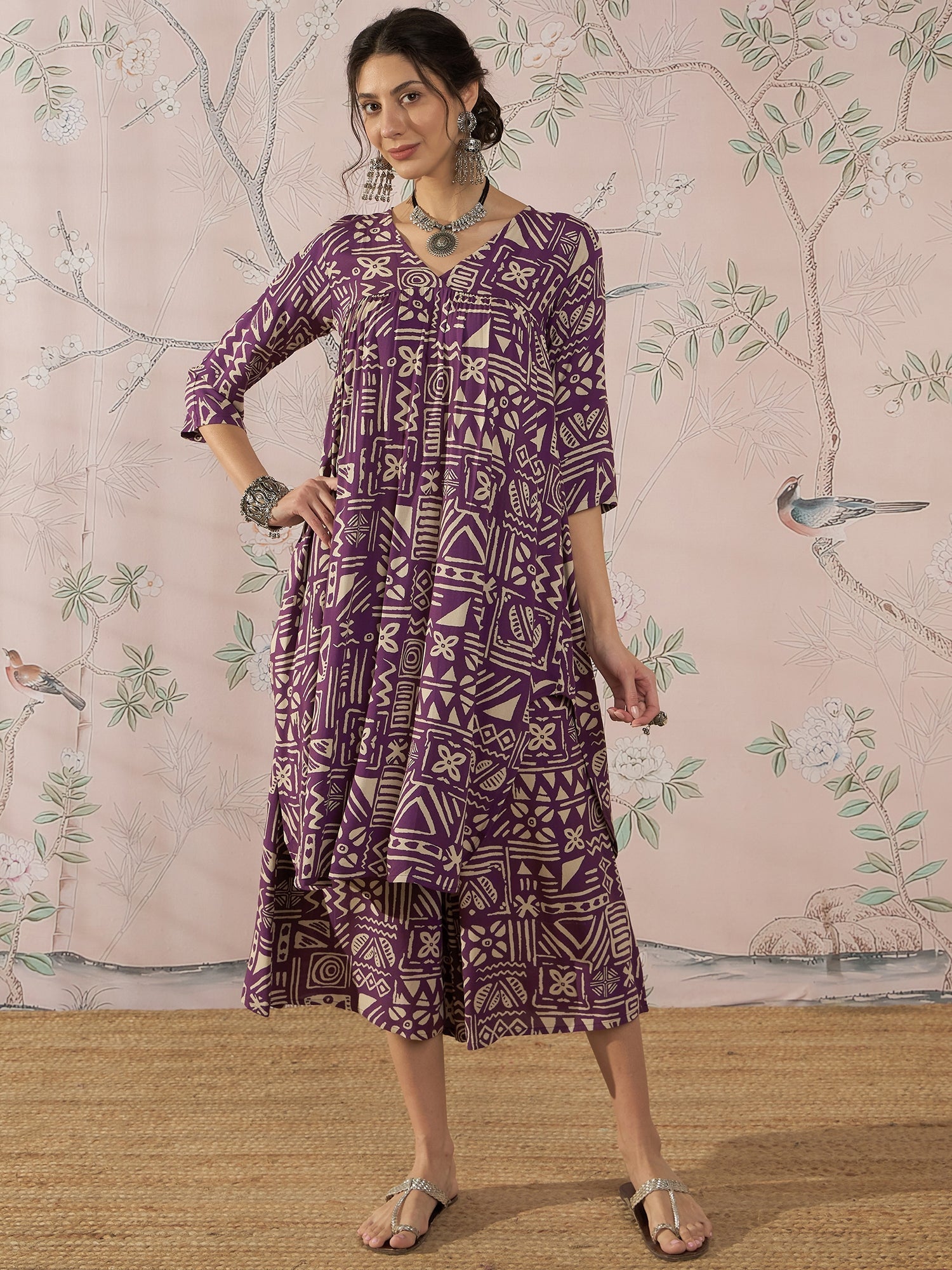 InWeave Dusty Mauve Ethnic Flared Kurta Set - Distacart