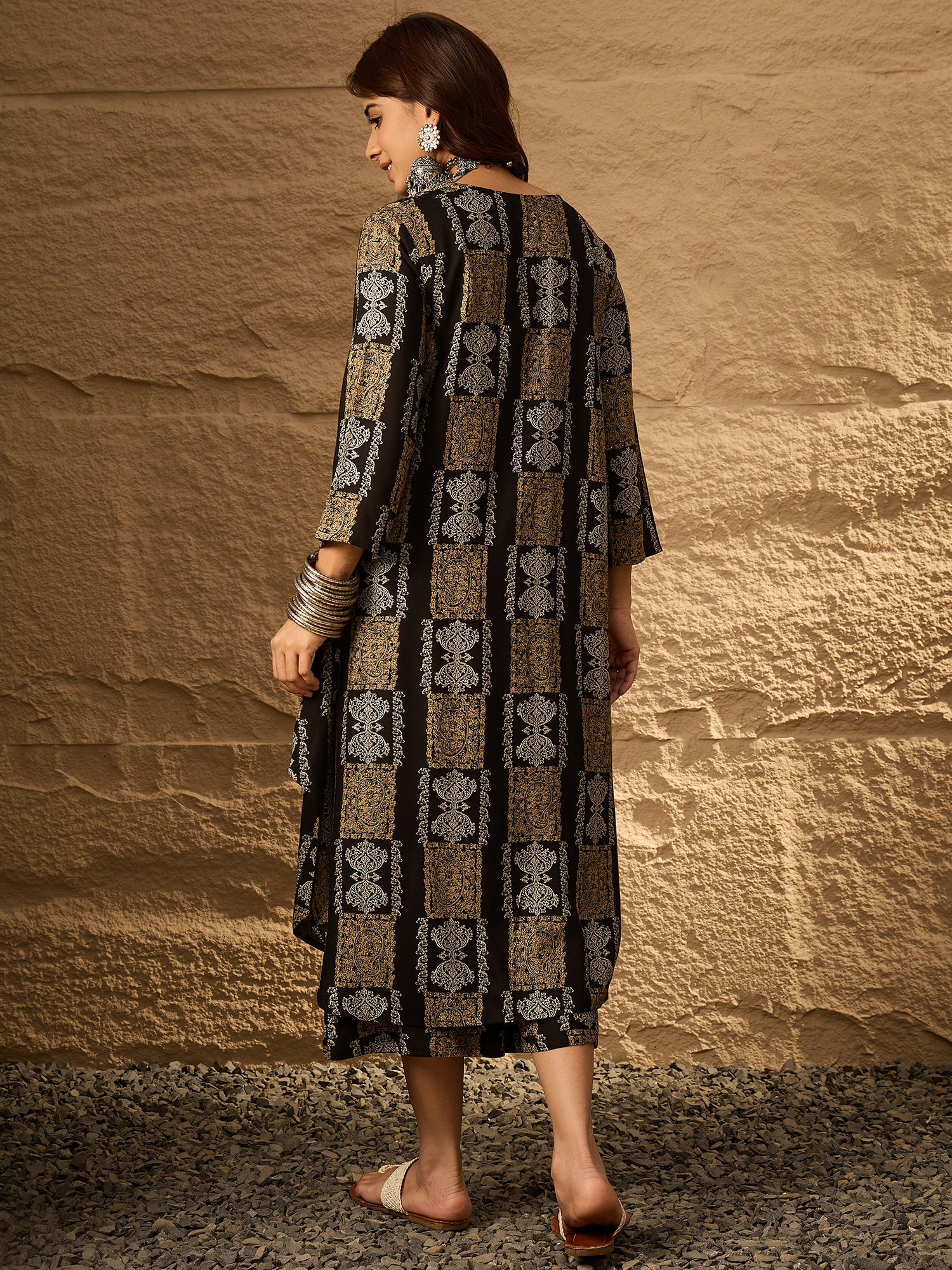 InWeave Black Golden Beige V-Flared Kurta Set - Distacart