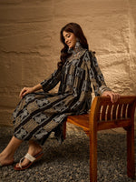 Thumbnail for InWeave Black Golden Beige V-Flared Kurta Set - Distacart