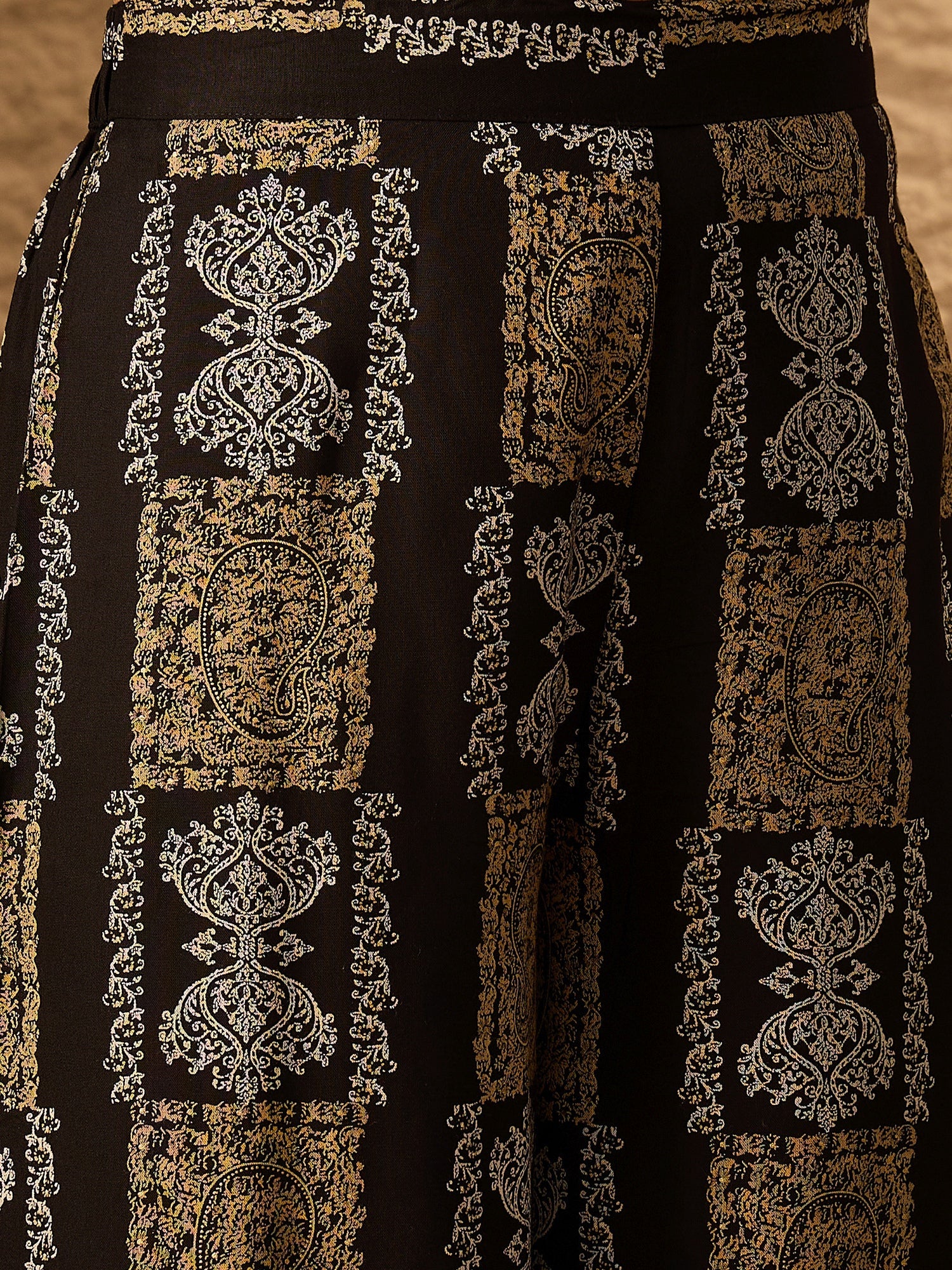 InWeave Black Golden Beige V-Flared Kurta Set - Distacart