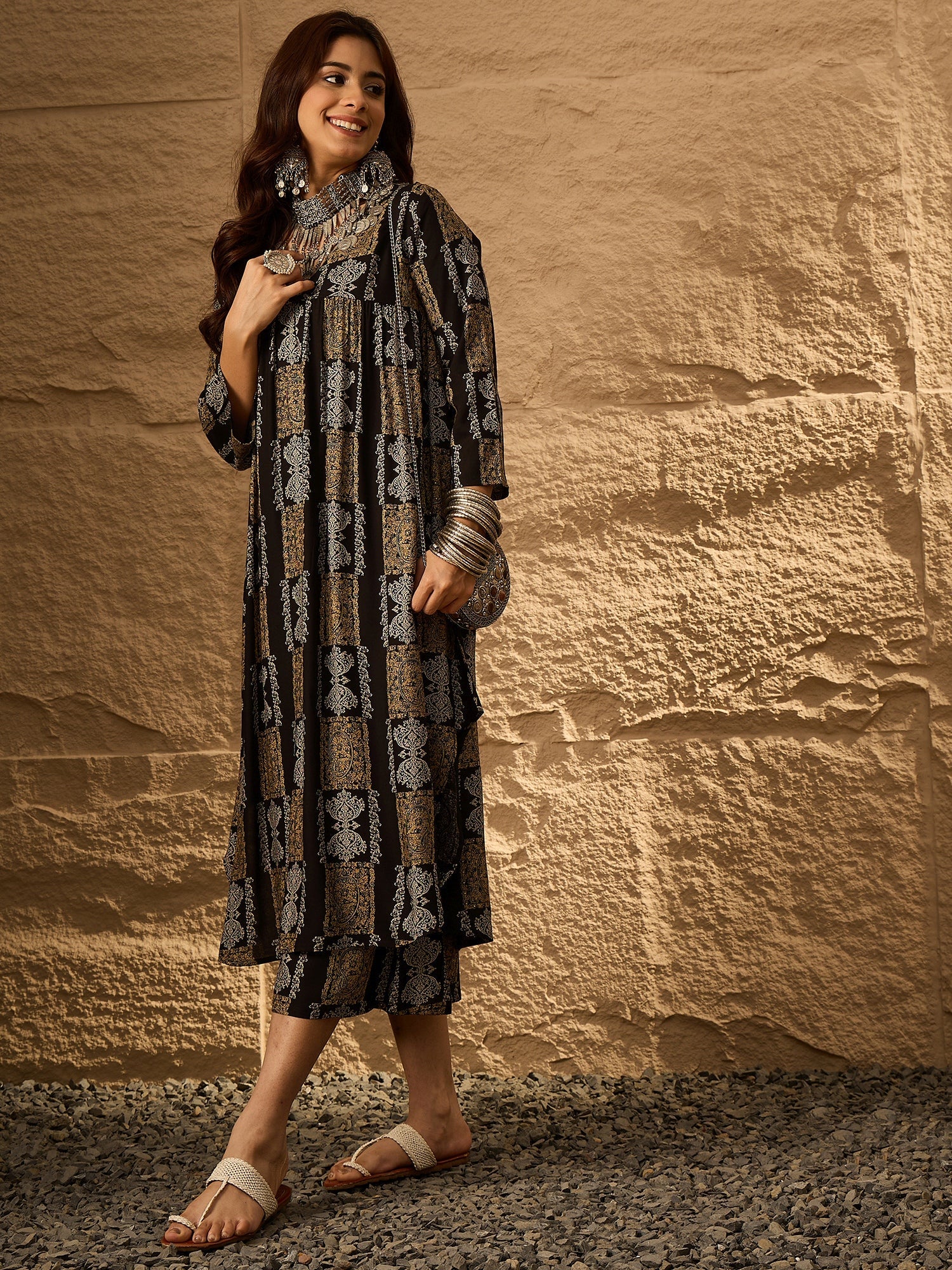 InWeave Black Golden Beige V-Flared Kurta Set - Distacart
