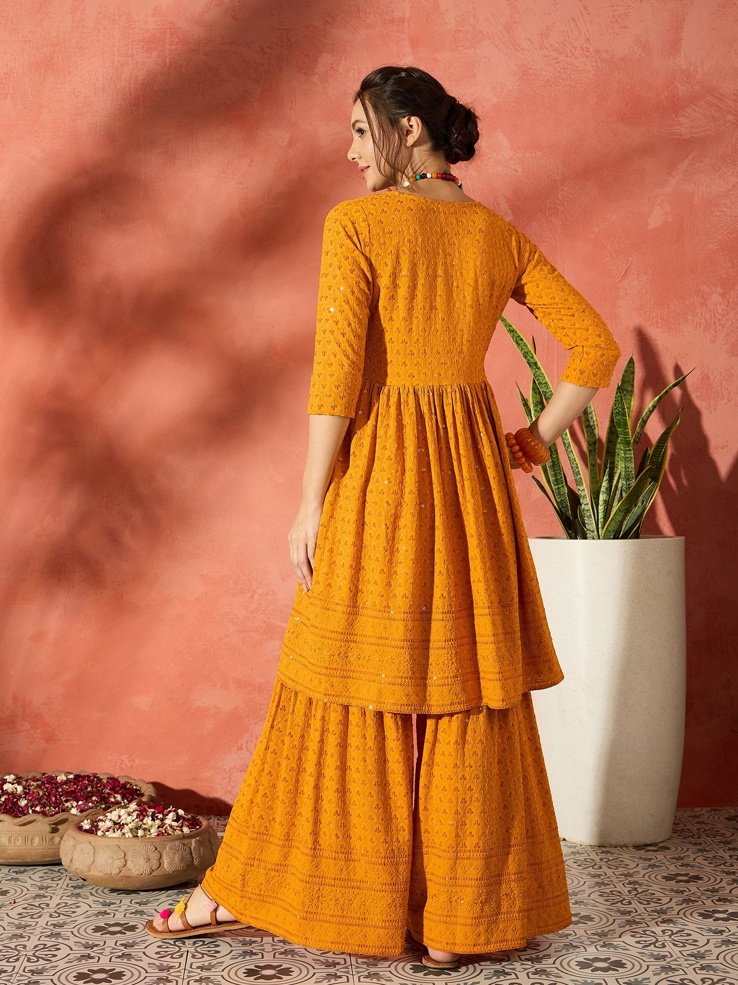 InWeave Mustard Chikankari Anarkali Kurta Sharara Set - Distacart