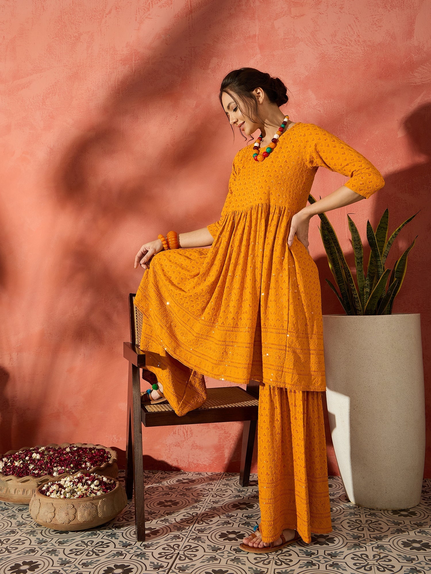 InWeave Mustard Chikankari Anarkali Kurta Sharara Set - Distacart