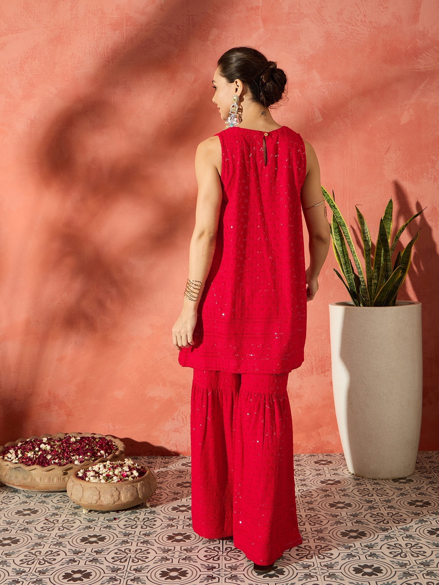 InWeave Red Chikankari Short Kurta Set - Distacart