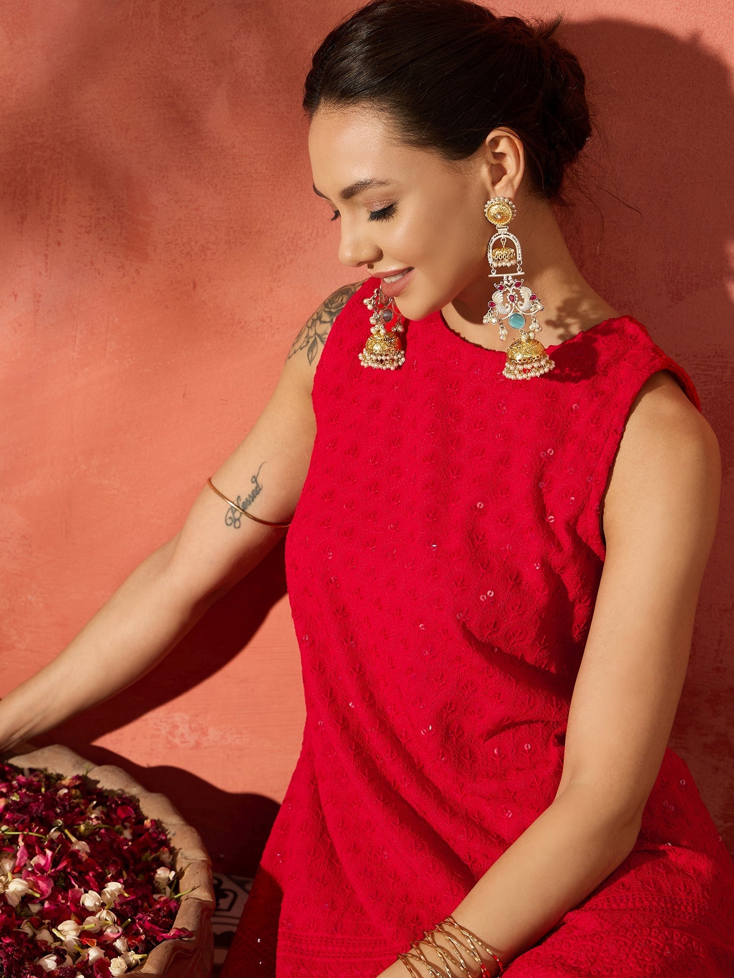 InWeave Red Chikankari Short Kurta Set - Distacart