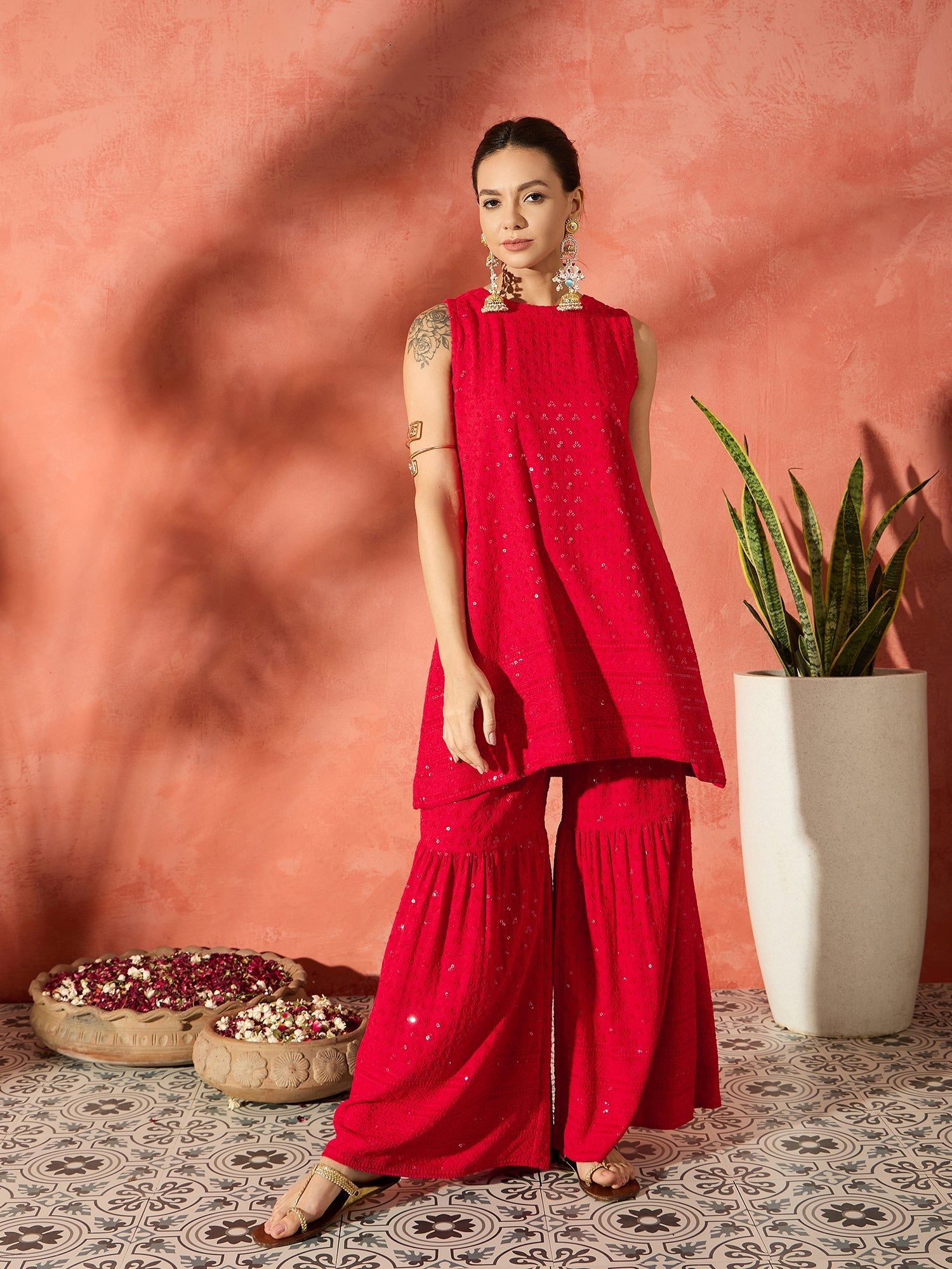 InWeave Red Chikankari Short Kurta Set - Distacart